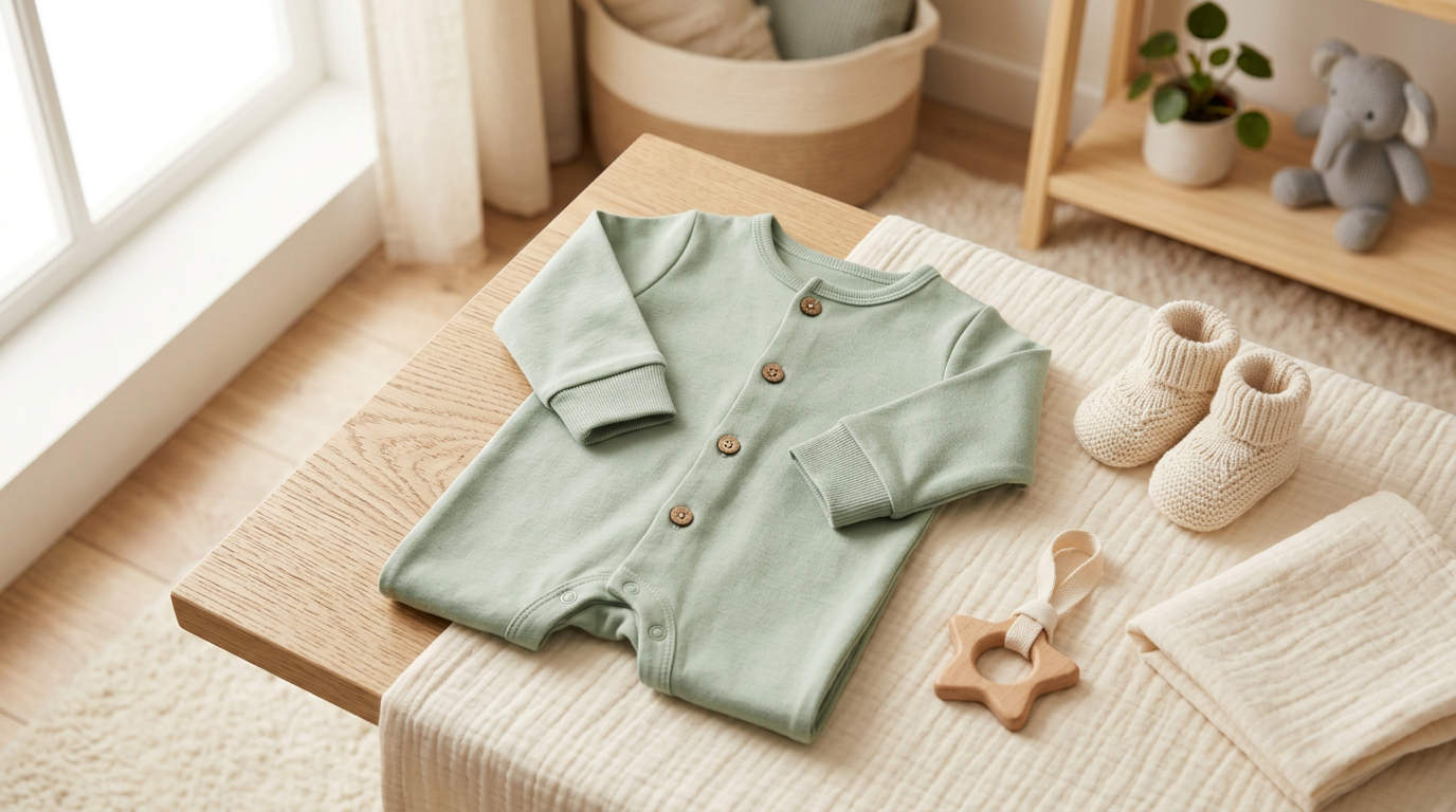 Priya examining a green organic cotton baby boy romper on a changing table