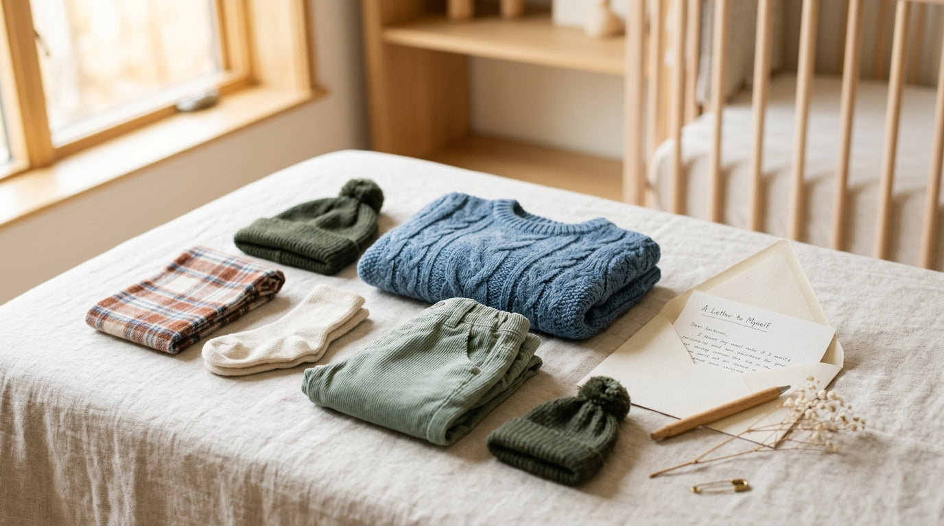 Baby boy wearing an organic cotton pullover looking deeply confused by a winter jacket