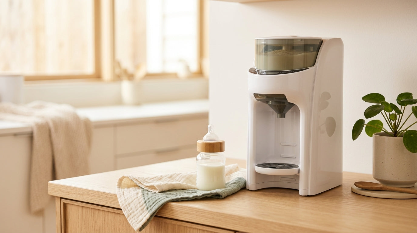 Tired mom making a baby bottle in a dark kitchen at night