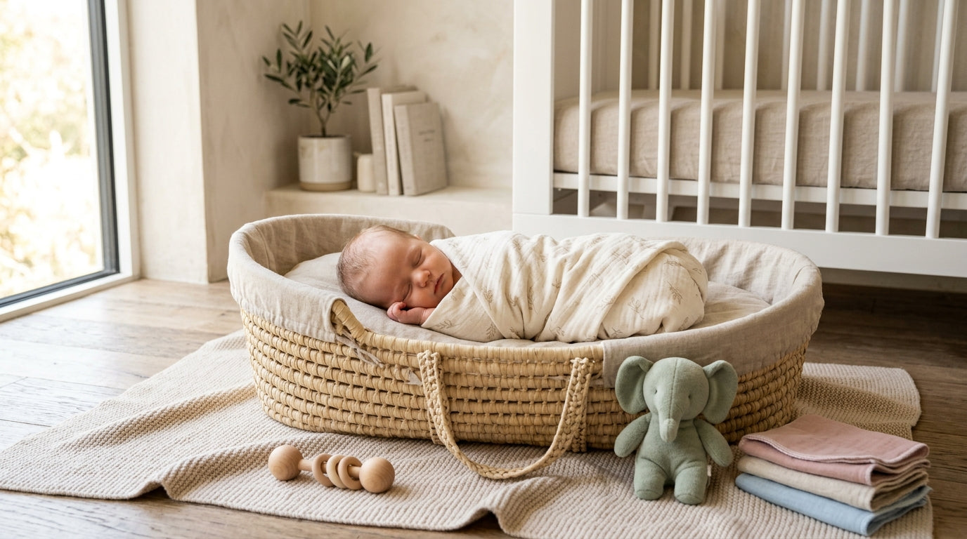 A tired but smiling mom folding organic cotton baby clothes next to a wooden play gym.
