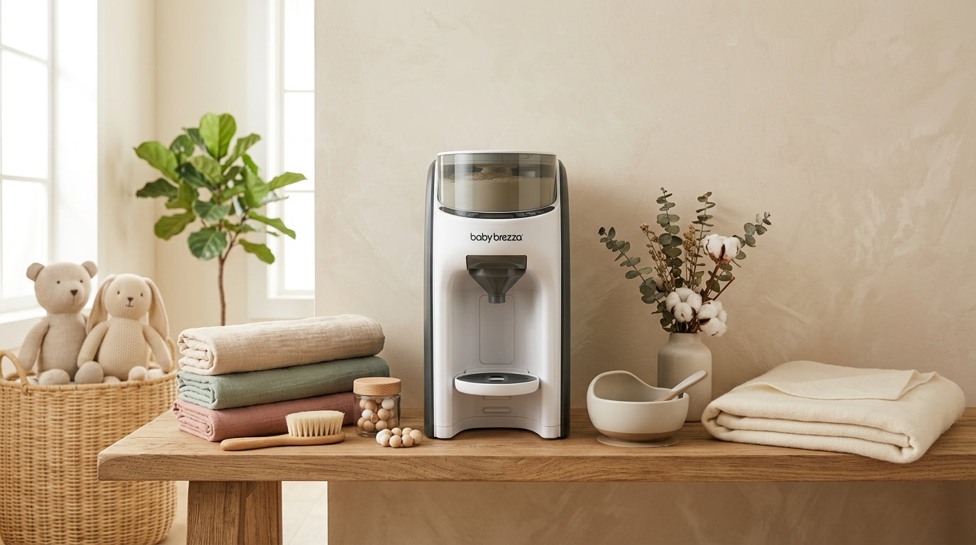 Mom making a baby bottle in the middle of the night with a formula dispenser.