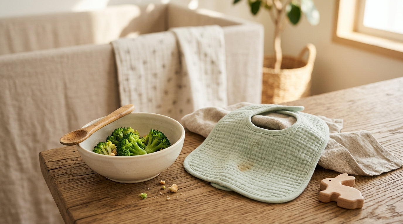 A squished floret of cooked green broccoli on a baby high chair tray.