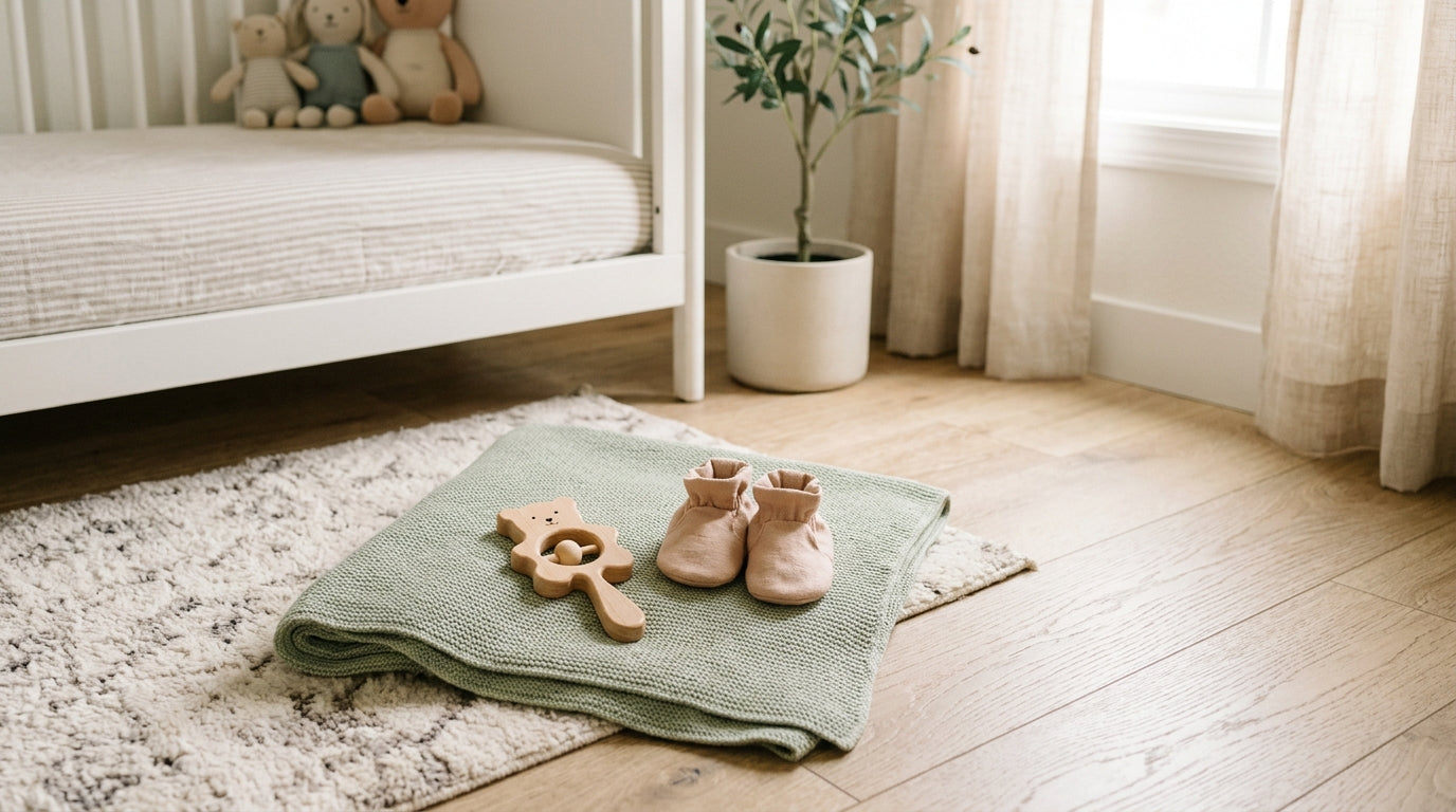 A stressed mom holding a tiny baby shoe and looking for a baby brown recluse spider