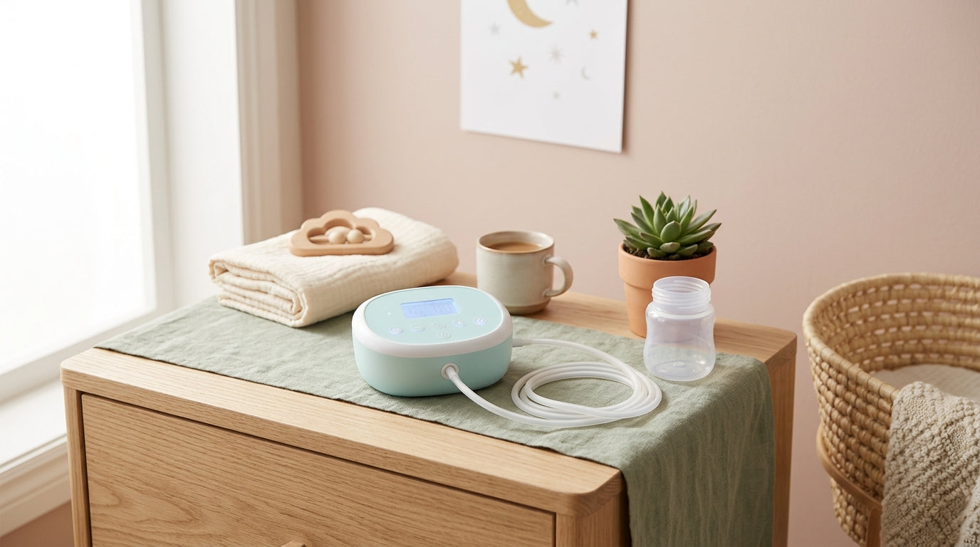 A tiny breast pump motor sitting on a desk next to digital calipers and tubing