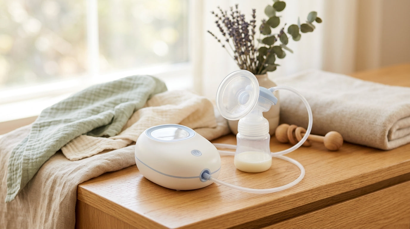 Marcus holding the tiny black breast pump next to a massive coffee mug