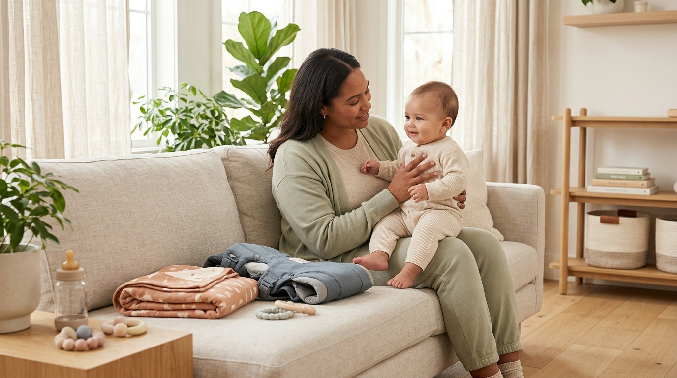 Exhausted pregnant mom on couch watching a soap opera on her phone