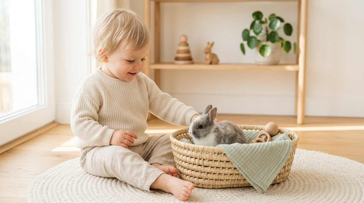 Mom holding a wooden bunny teething ring while a toddler plays