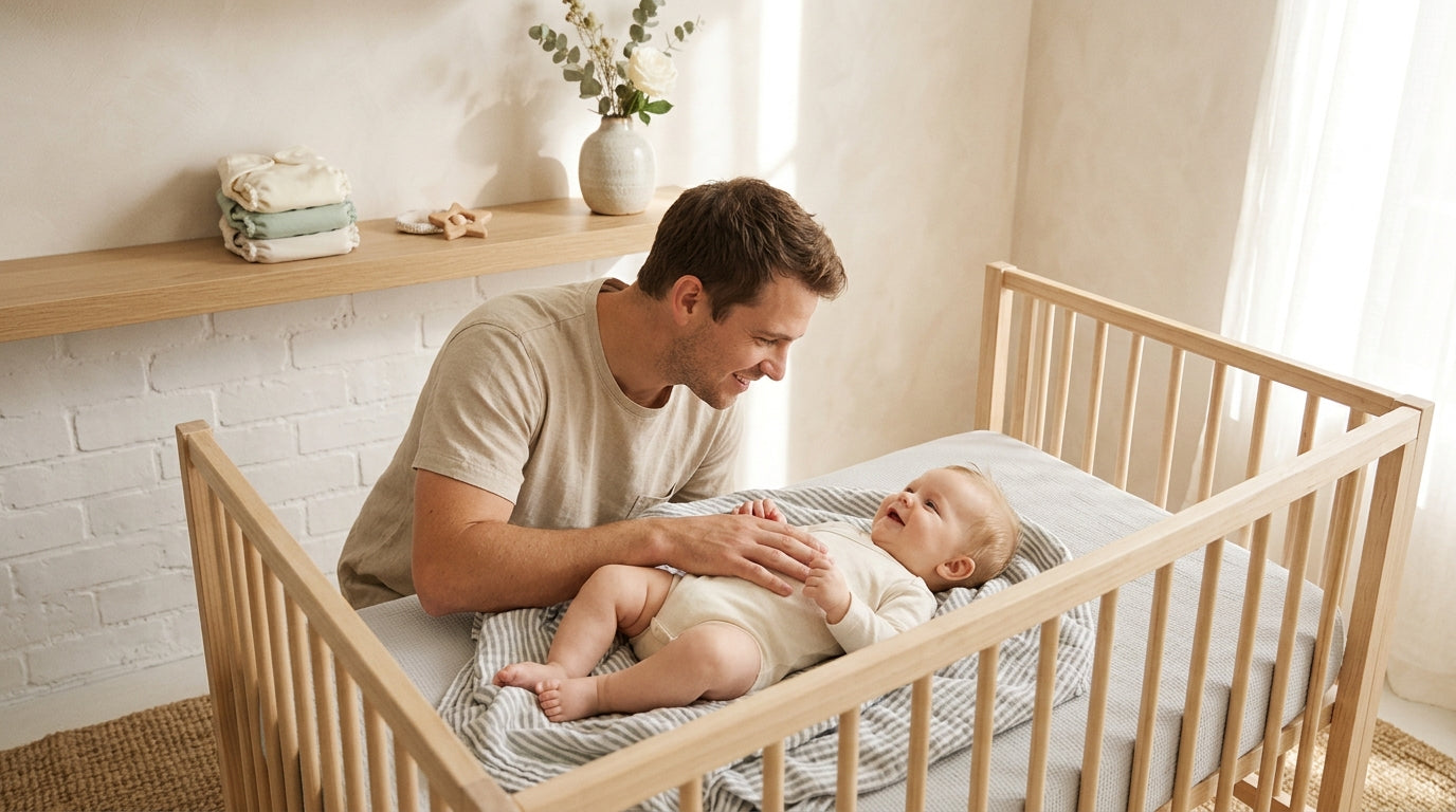 Messy living room floor with baby blankets, a red nightlight, and teething toys scattered around.