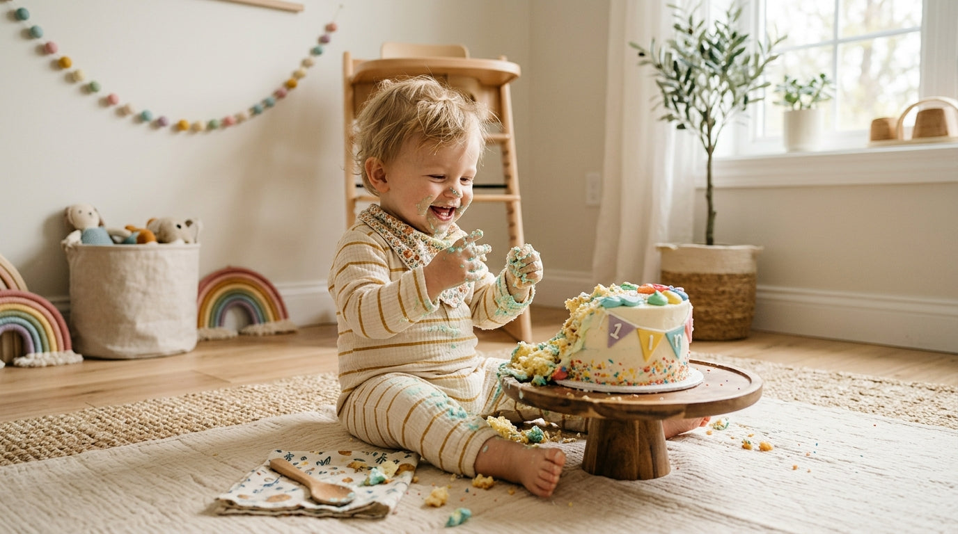 Twin babies covered in healthy smash cake frosting on their first birthday