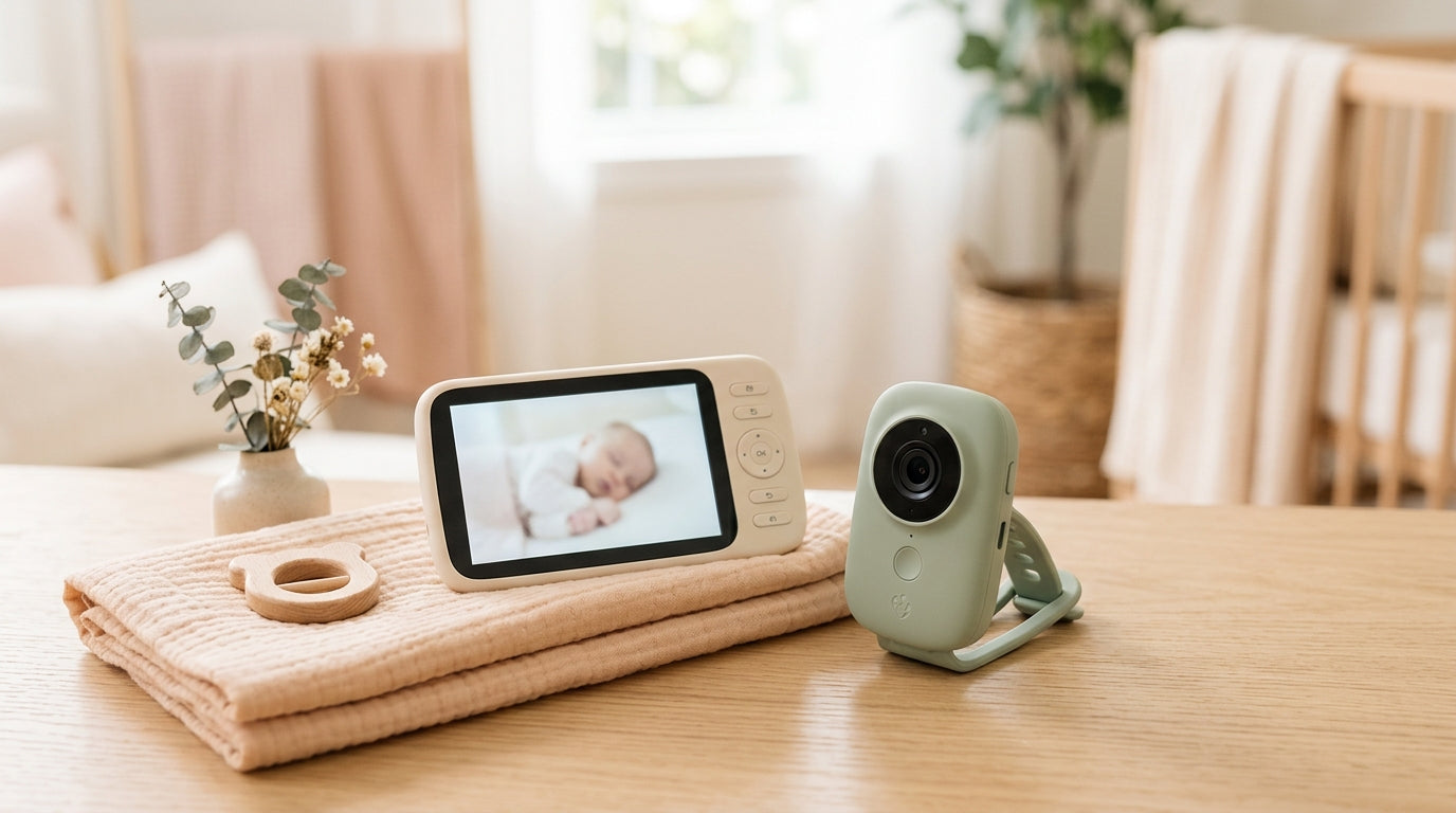Dashboard monitor showing a sleeping infant in a rear facing car seat