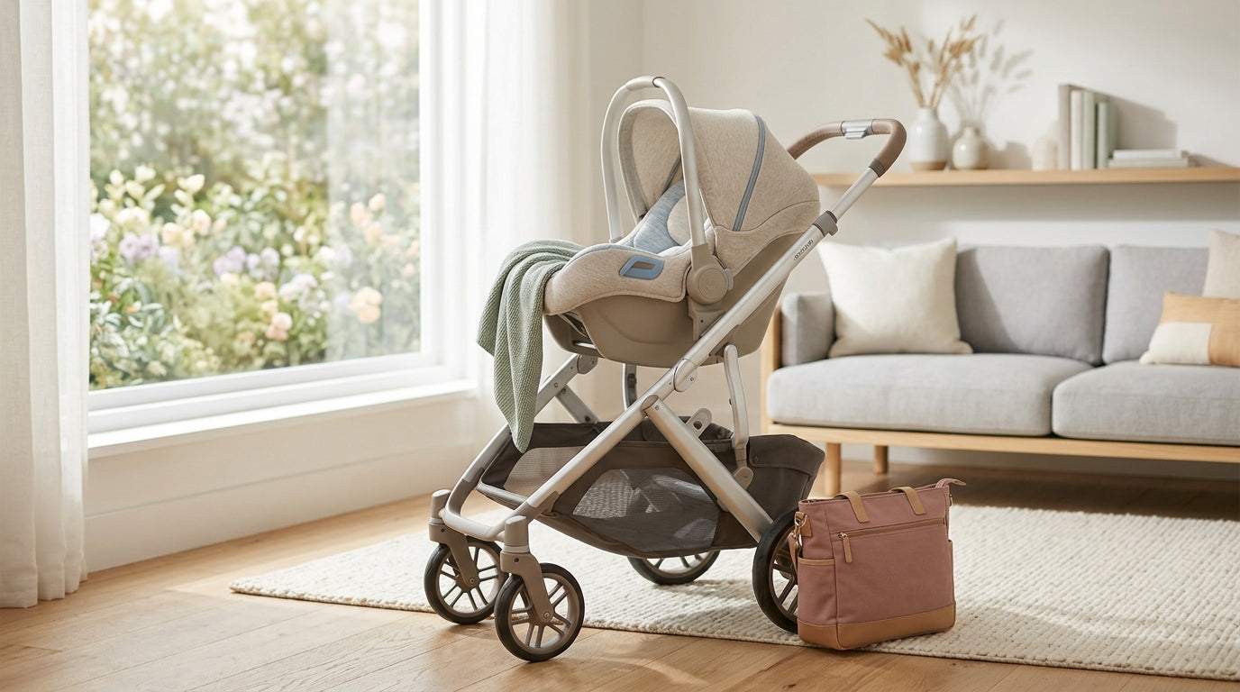 A half-folded stroller shoved into the trunk of a car next to a diaper bag.