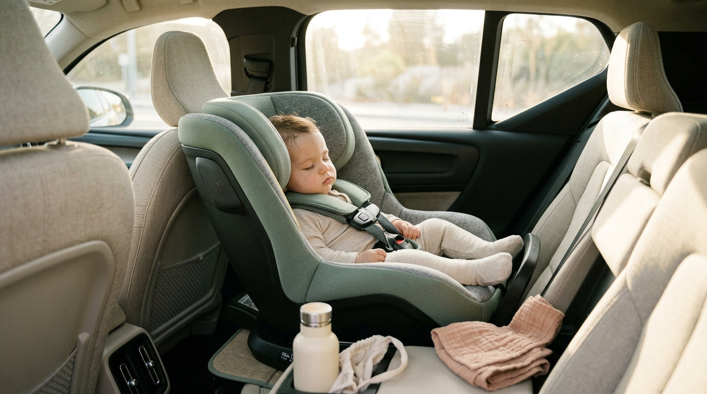 Frustrated mom adjusting a rear-facing baby car seat in the Texas summer heat.