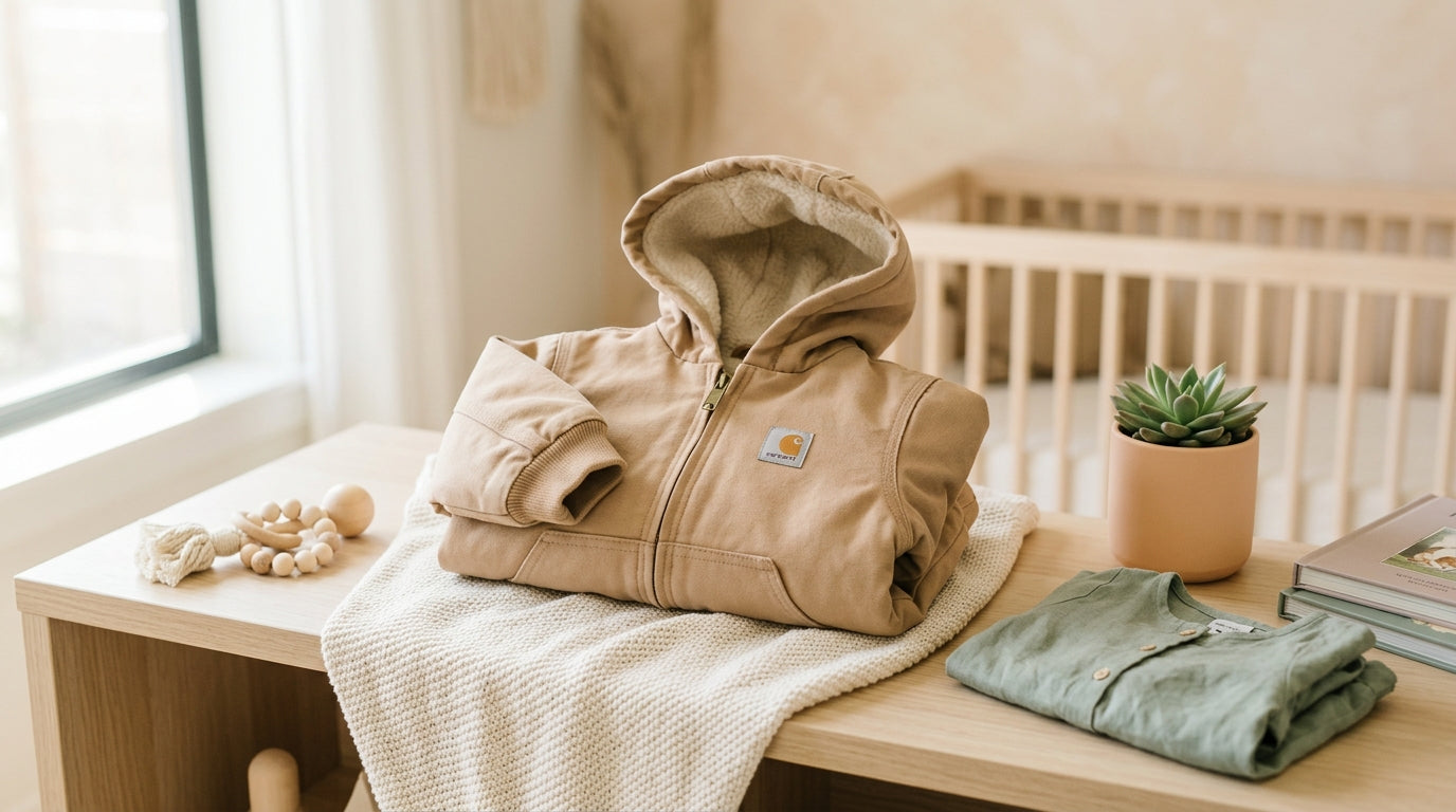 Baby wearing oversized brown workwear overalls standing next to a muddy puddle