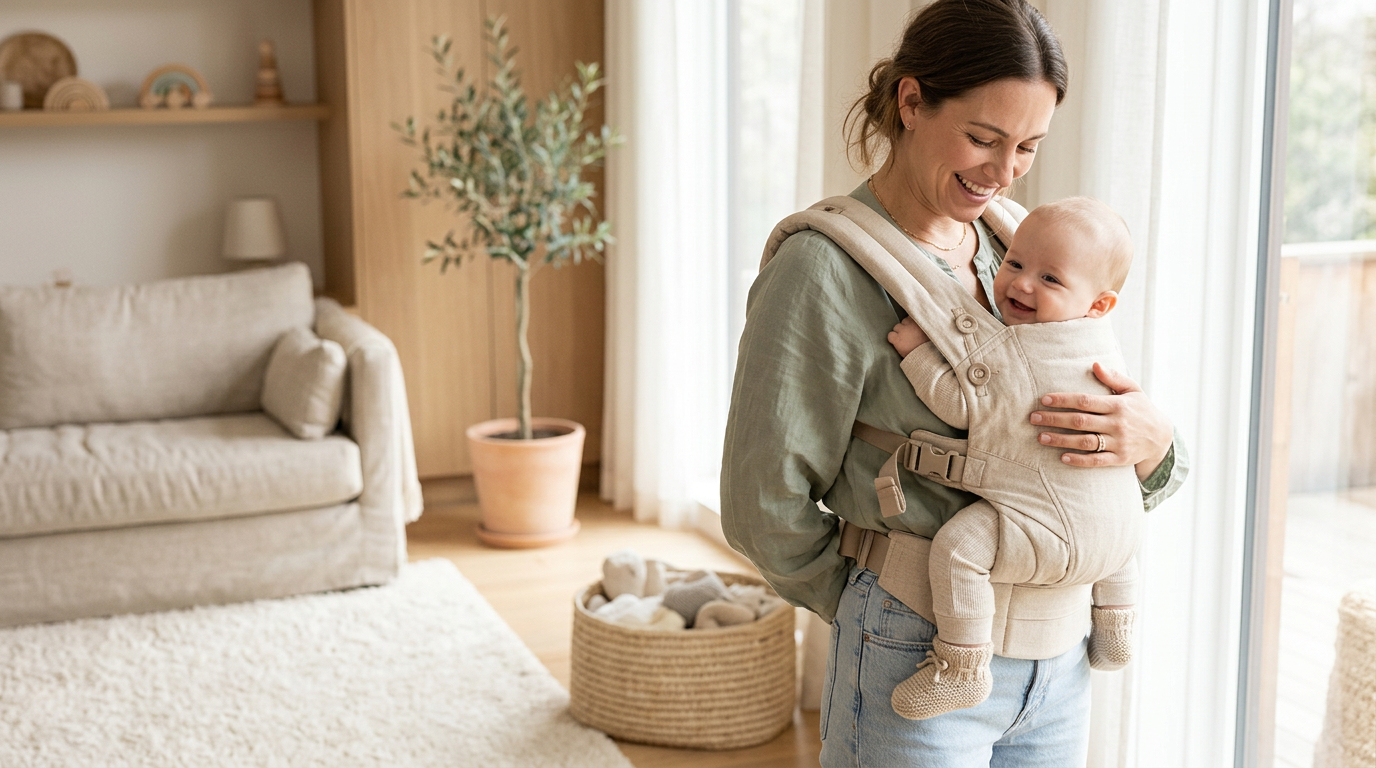 Jess wearing a framed child carrier on a dirt trail in Texas