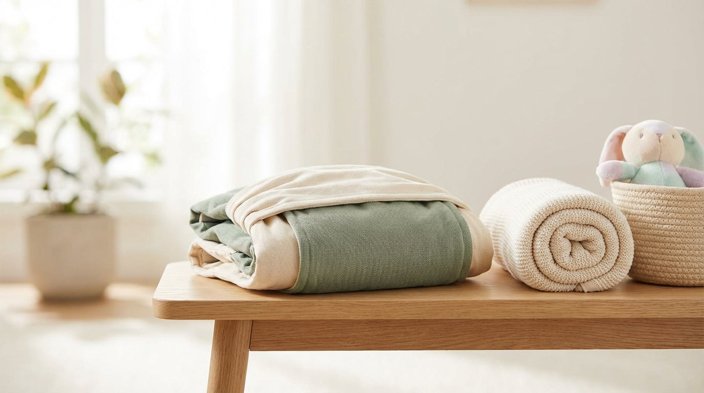 A tired dad wearing twin babies in a soft structured carrier while making tea