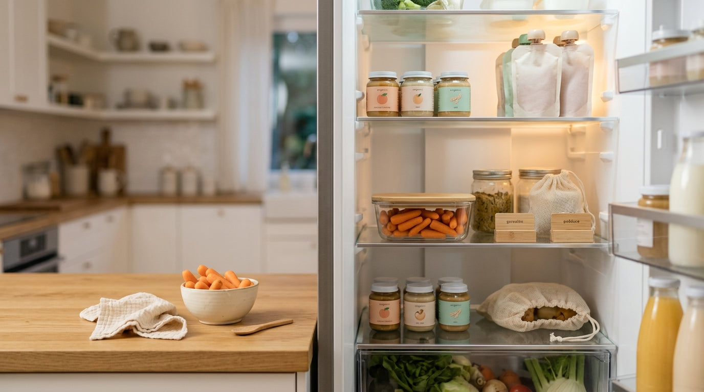 A tired dad staring into a brightly lit refrigerator in a dark kitchen holding a bag of carrots