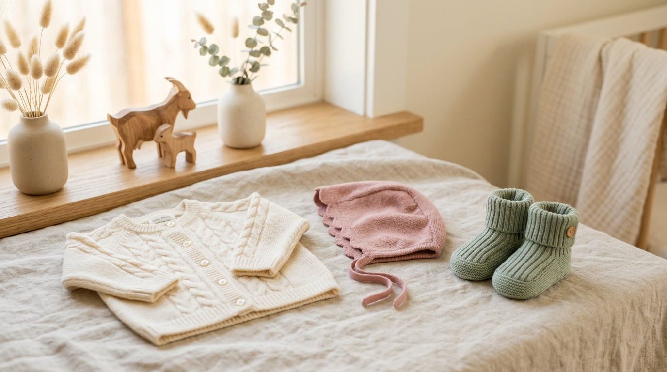 A tiny hand-washed luxury infant cardigan drying flat on a towel