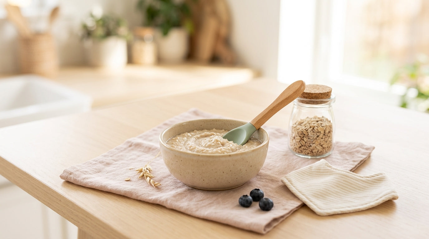 Two messy toddlers covered in organic baby cereal sitting in high chairs