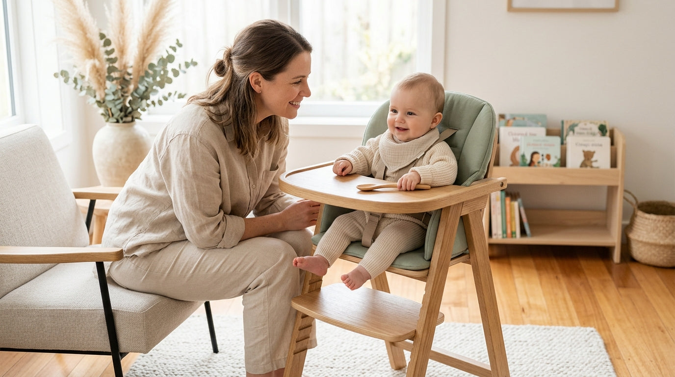 A wooden convertible baby chair pulled up to a messy dining table