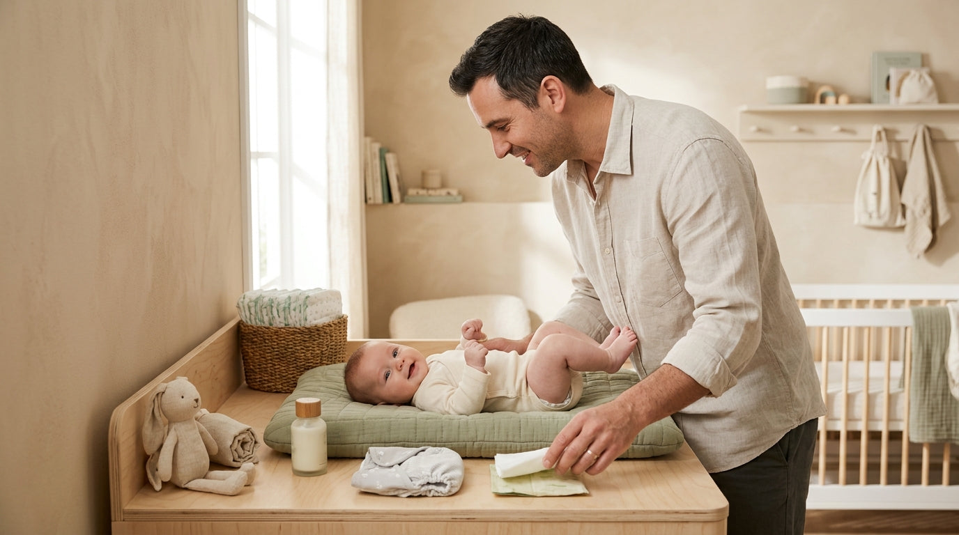 Dad attempting to change an 11-month-old baby on a wooden changing table with organic cotton supplies.
