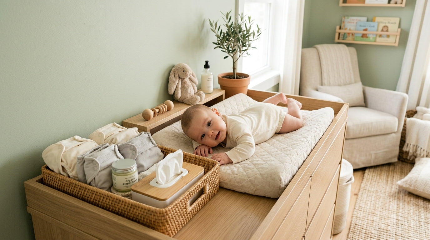 Wooden baby changing table dresser in a nursery with a waterproof changing pad and organic cotton rompers.