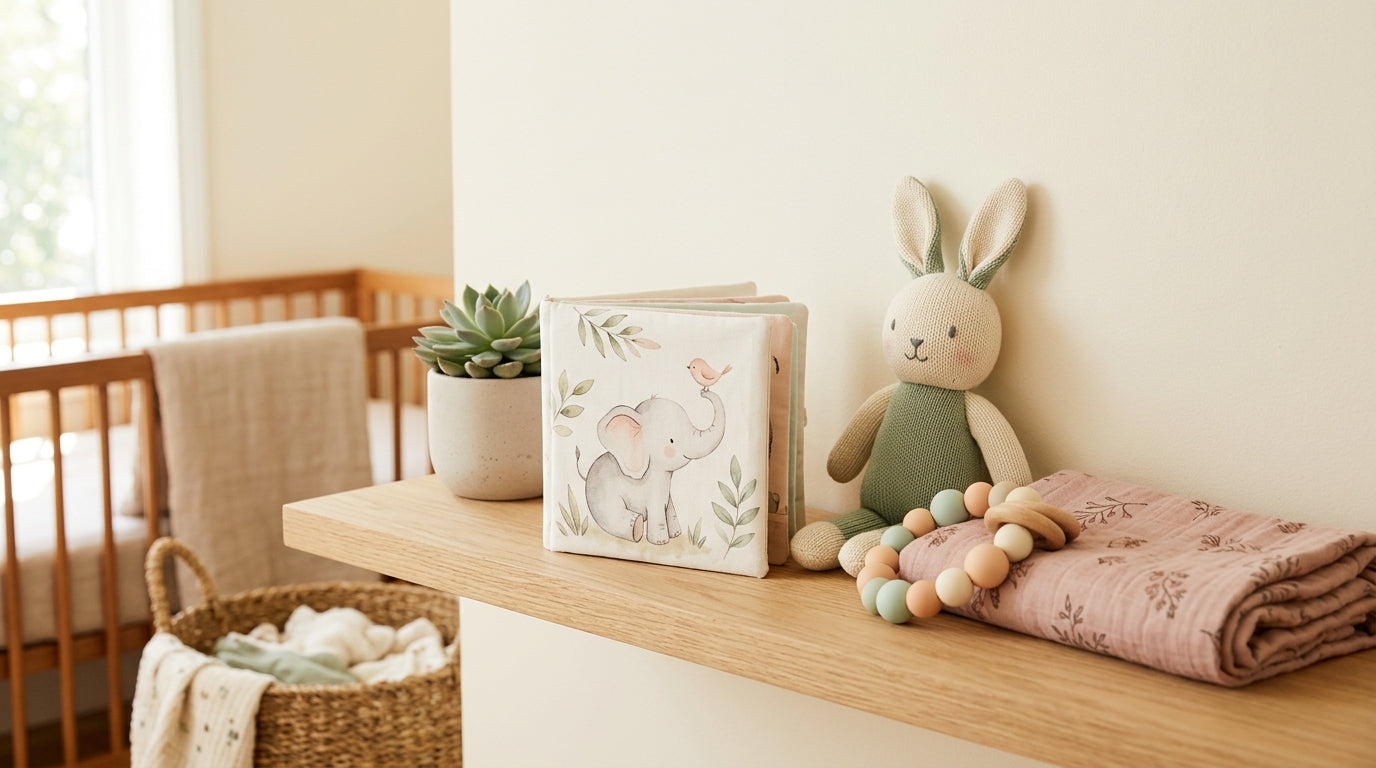 Mom sitting on floor surrounded by printed baby clipart and toddlers