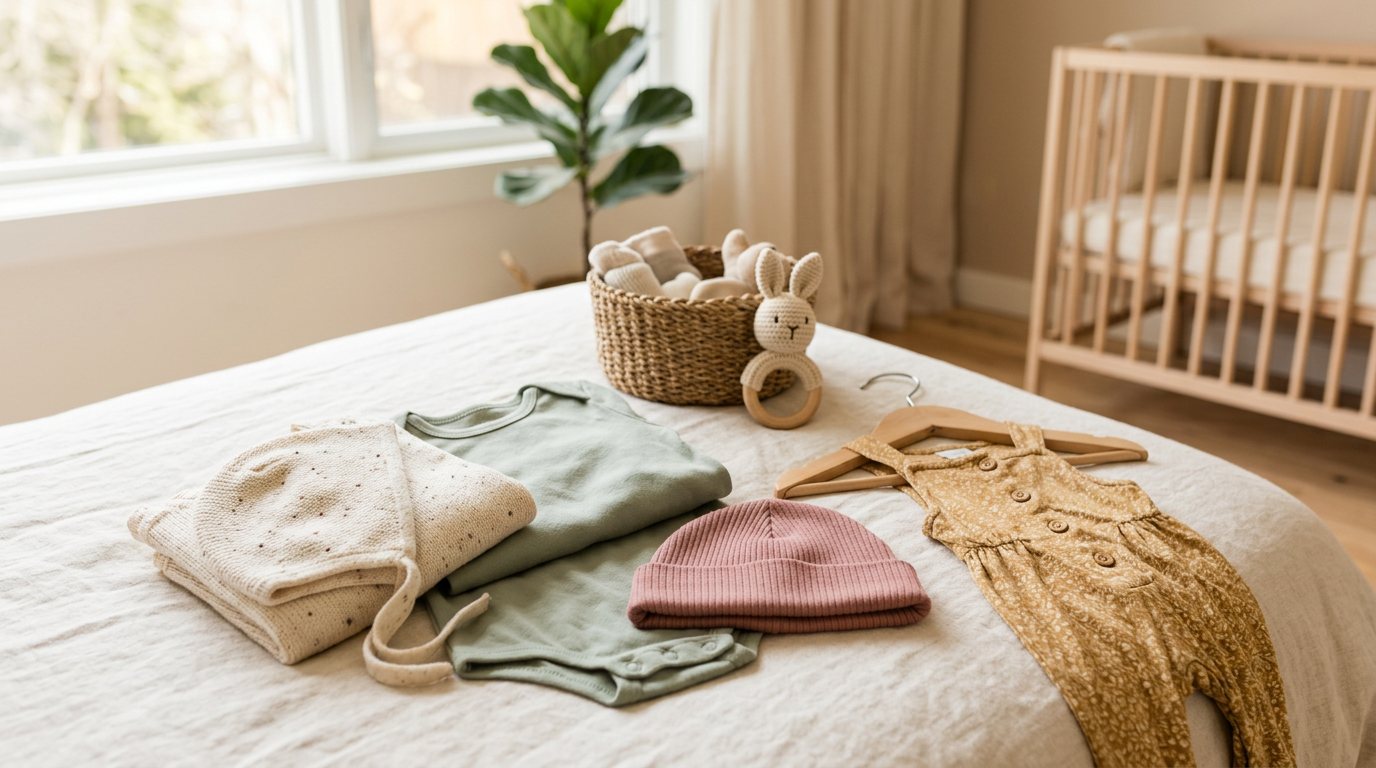 Exhausted dad staring at a tiny organic cotton sleepsuit and cold coffee.