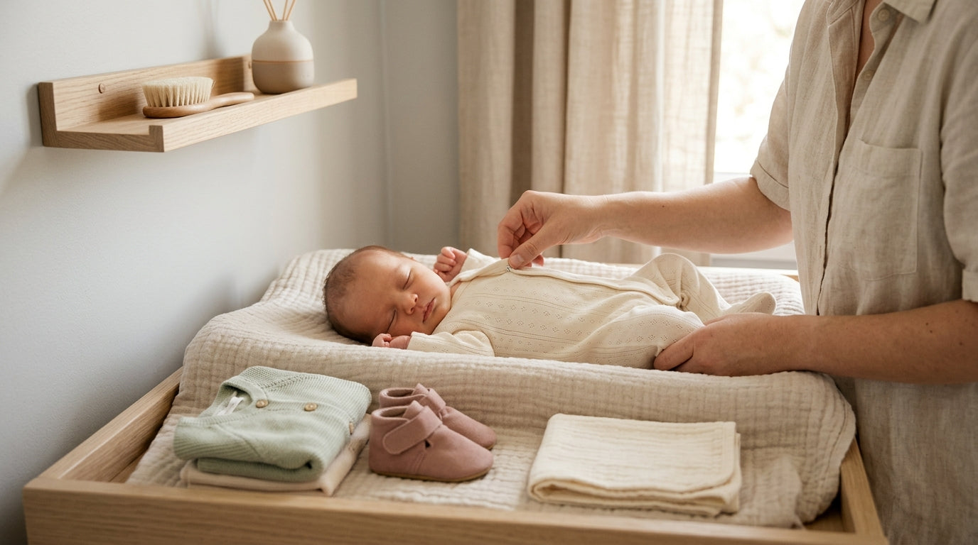 Priya holding a baby in a layered organic cotton bodysuit checking their neck temperature.