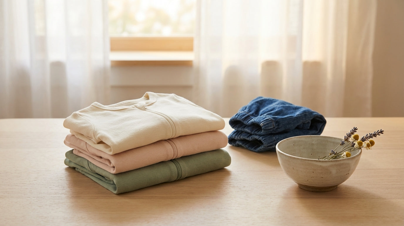 Folded pile of organic cotton baby clothing on a changing table