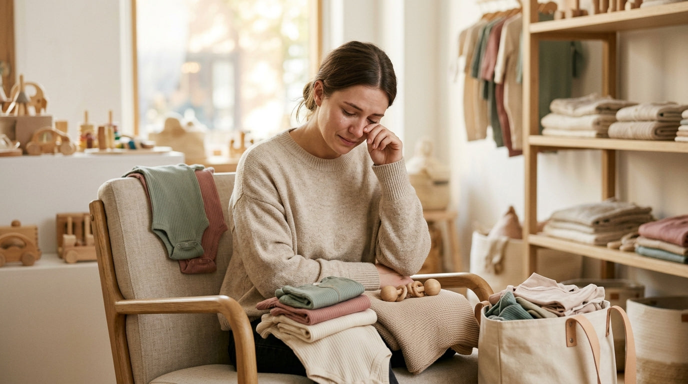 A stressed mom holding up a tiny, stained organic cotton baby bodysuit.