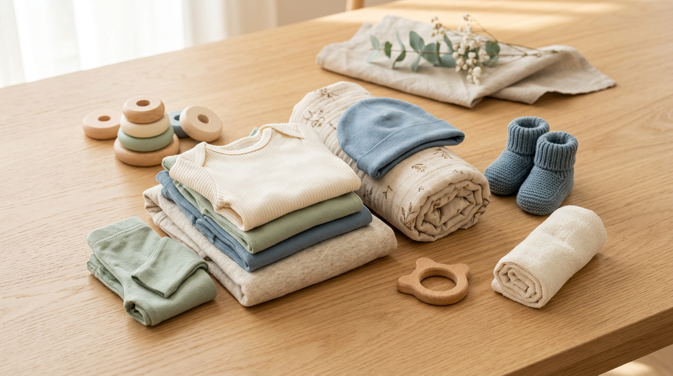 Tired mom sorting through a pile of useless baby clothes on a bed.