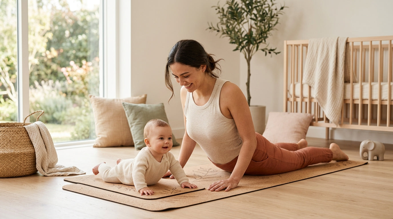 Tired dad and infant lying face down on a living room floor