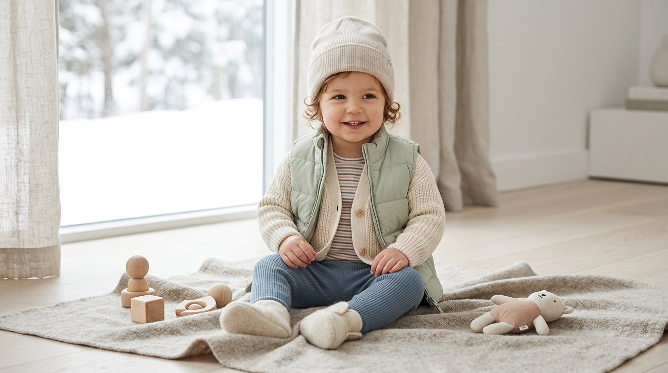 A stressed mom folding a baby winter coat while hiding in the laundry room