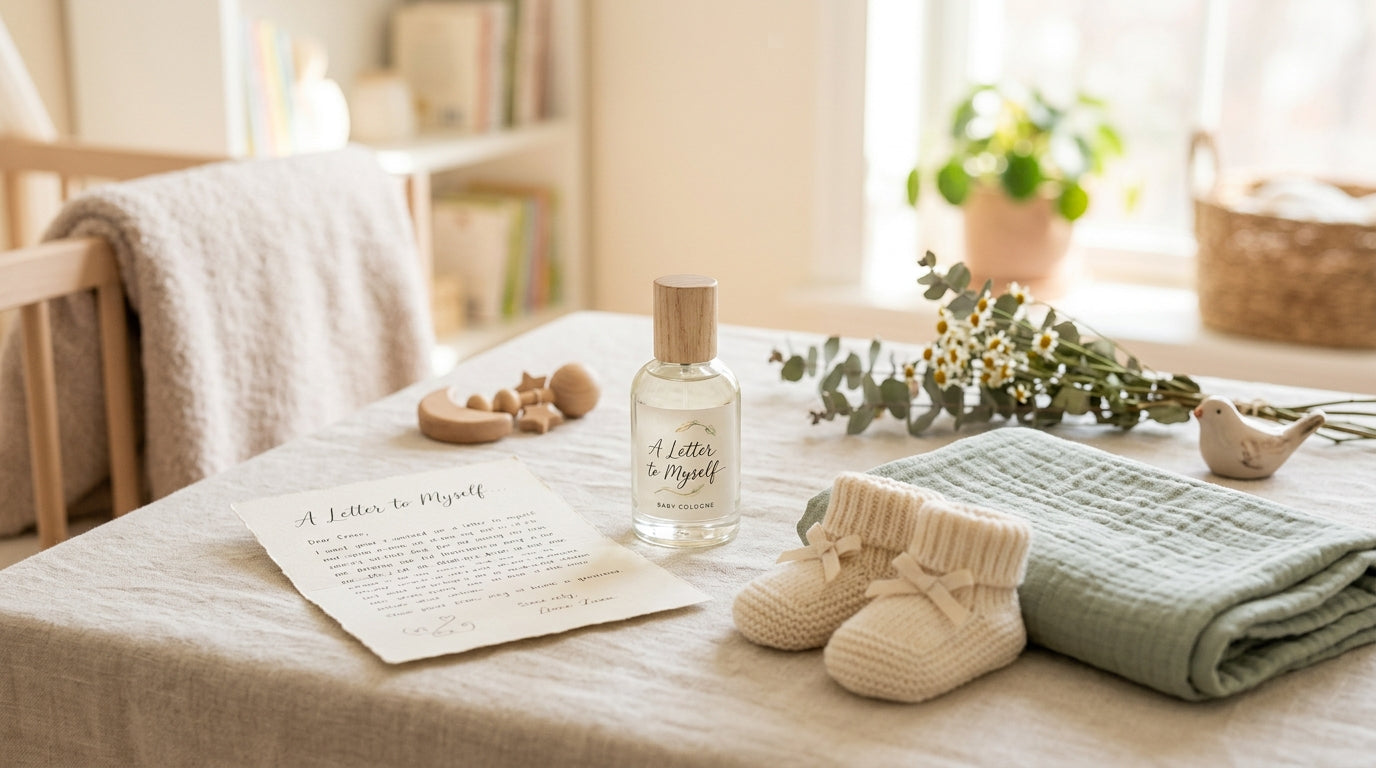 A tired dad staring at a tiny frosted glass bottle of baby cologne