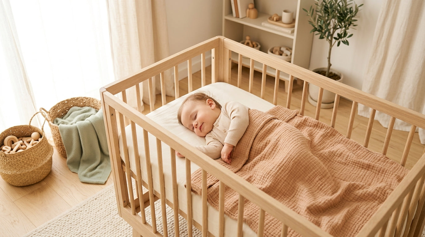 Tired dad holding a crying 11-month-old baby while looking at a laptop screen