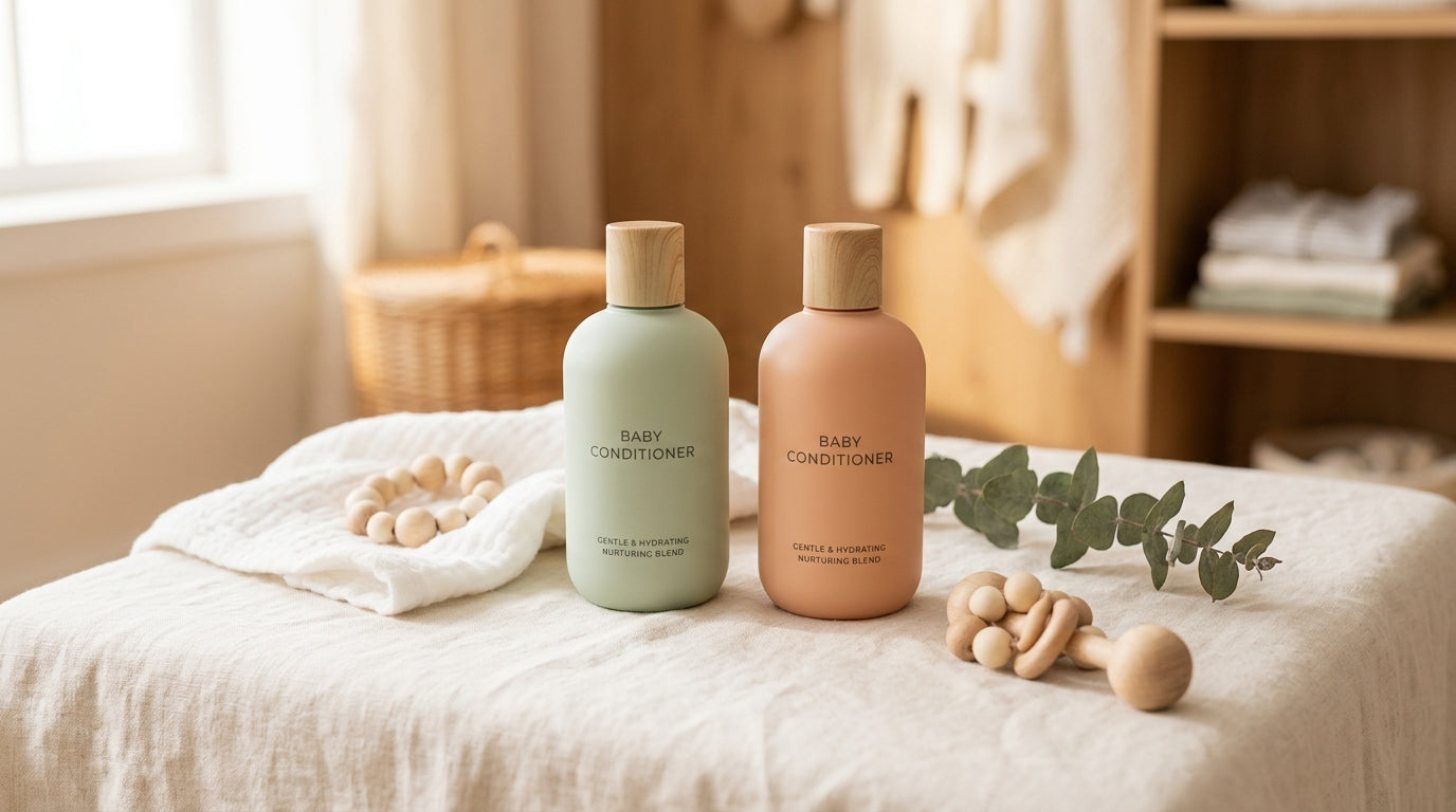 Jess holding a bottle of alcohol free baby conditioner while her toddler splashes in the tub