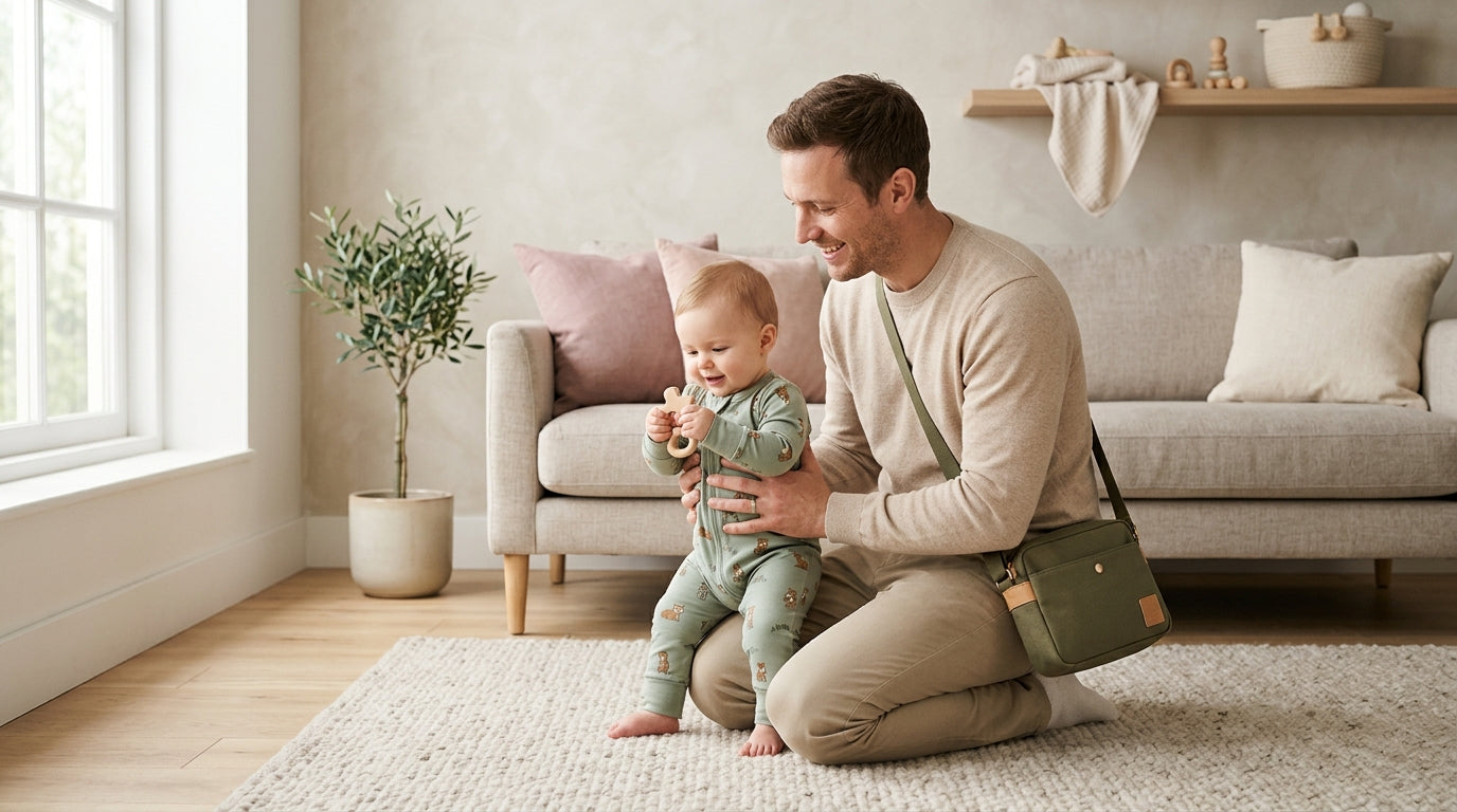 A cautious dad inspecting a grassy backyard for baby snakes while his twin toddlers play safely on an elevated wooden deck