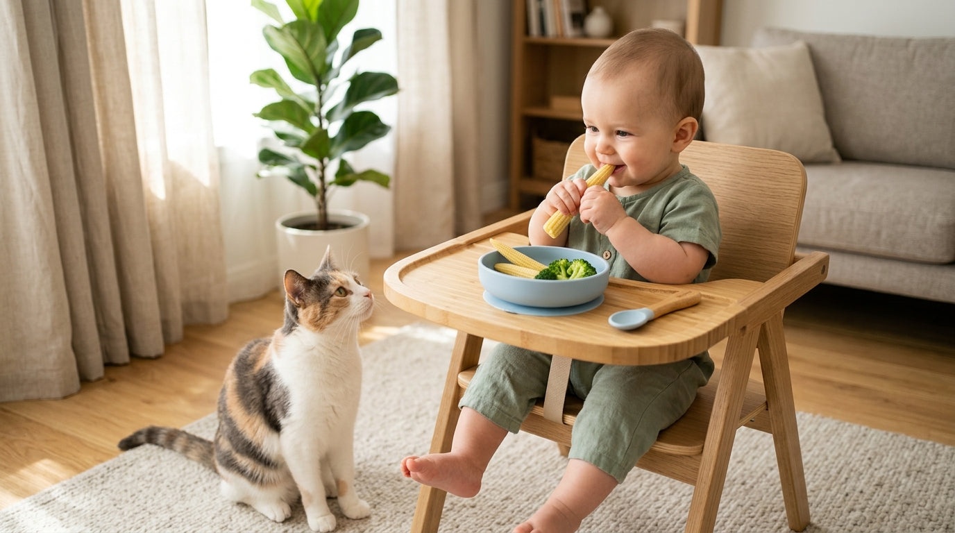 Toddler watching wobbly rescue kittens on a tablet while sitting on a round vegan play mat next to a tabby cat.