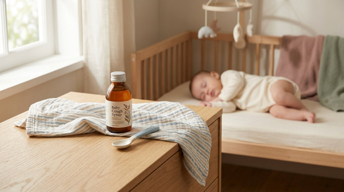Exhausted mom holding a coughing baby during a late night nursery wake up