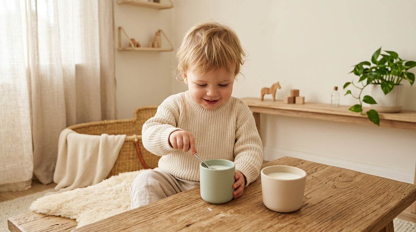 Mom pouring whole cow's milk into a baby sippy cup in the kitchen