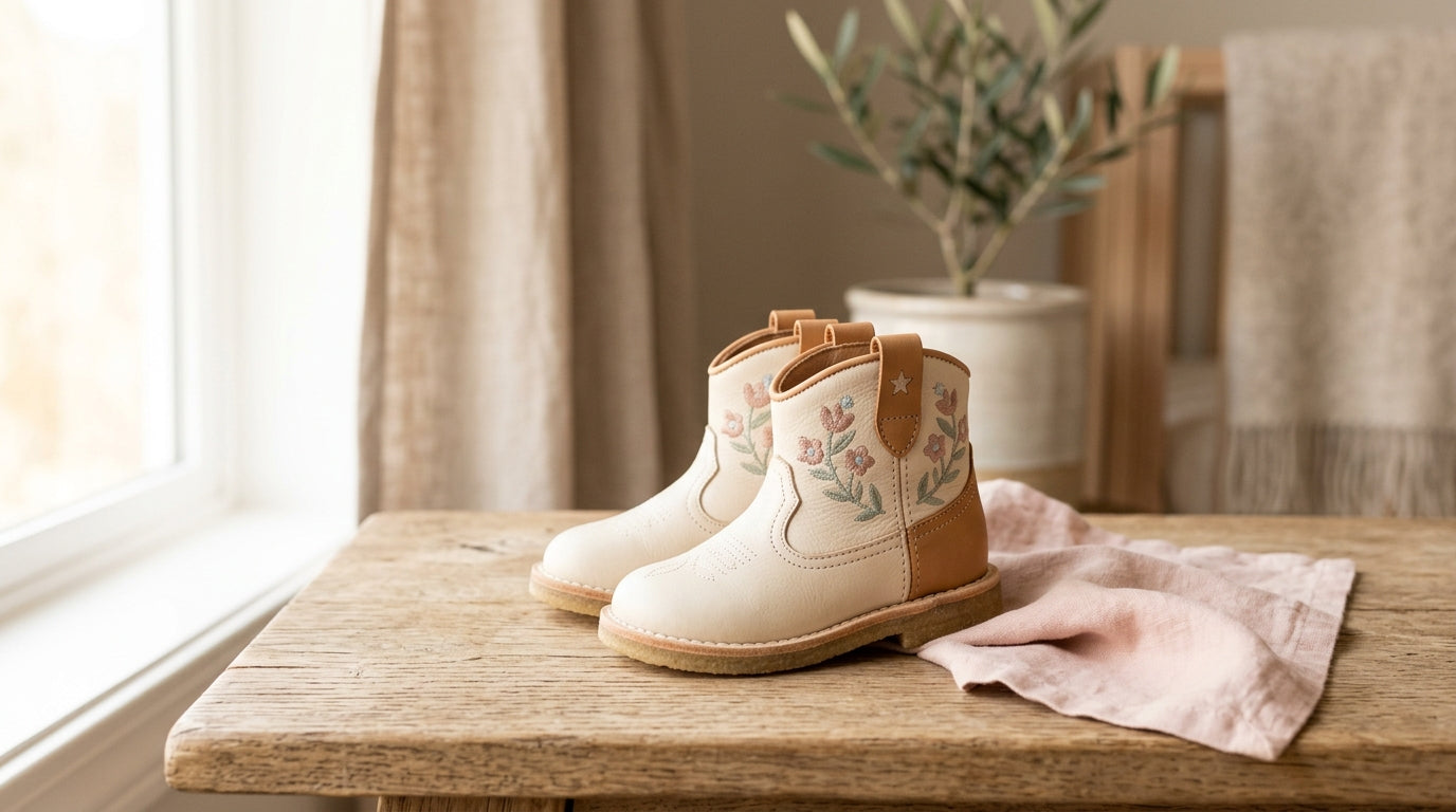 A toddler wearing soft leather baby cowgirl boots while playing outdoors.