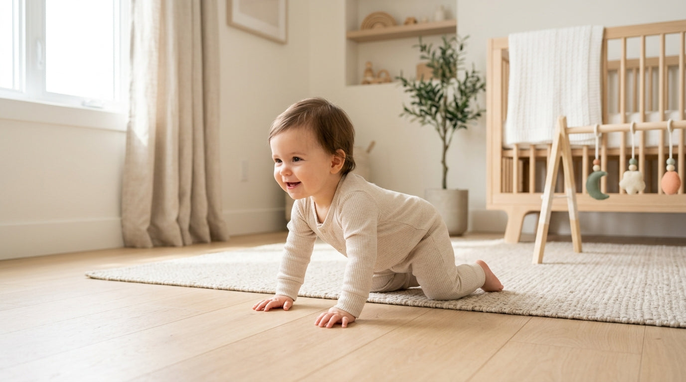 Baby doing tummy time on a round vegan leather play mat