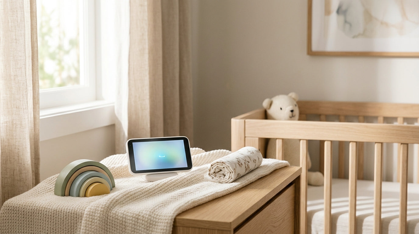 Tired dad in a messy Portland apartment holding a baby wearing an organic cotton bodysuit while staring at a laptop.