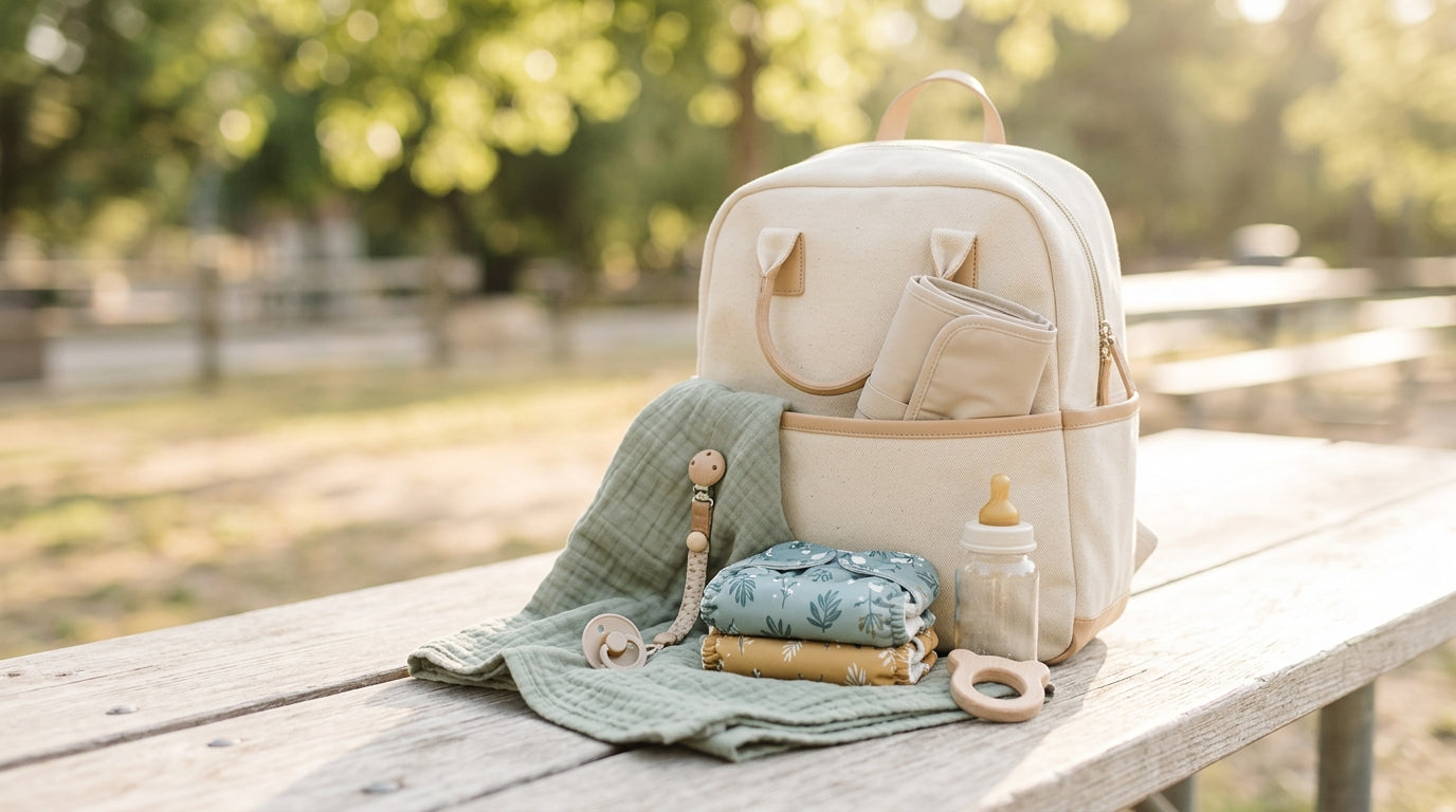 Exhausted dad attempting to pack a baby changing bag for a day out