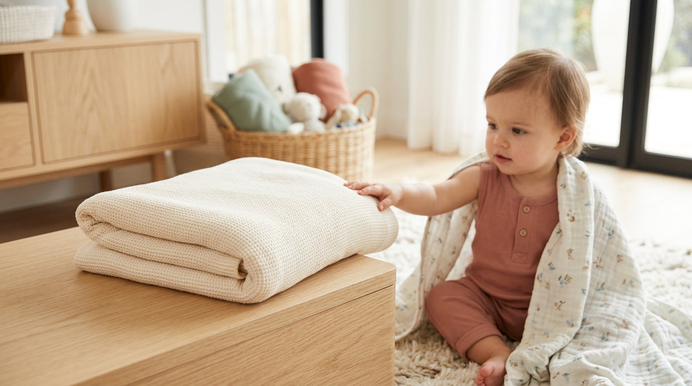 Exhausted dad staring at a massive pile of baby blankets while twin girls sleep in their bare cribs.