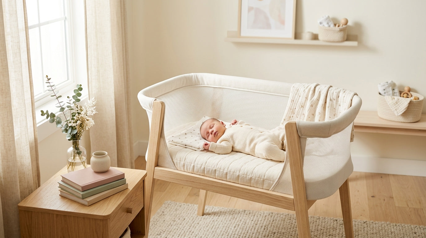 Tired mother sitting beside a baby delight bassinet in a dimly lit nursery