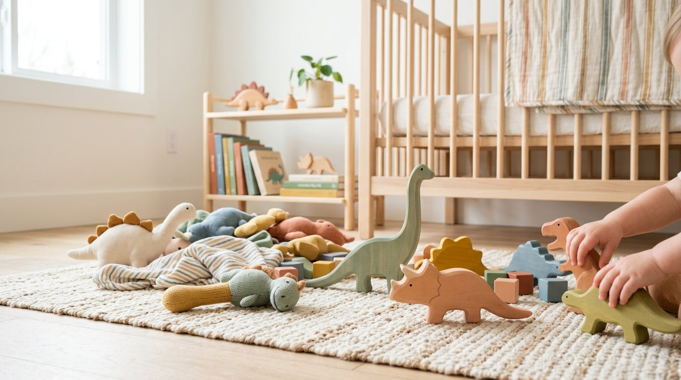 Toddler wearing a green blanket like a dinosaur cape roaring on a rug