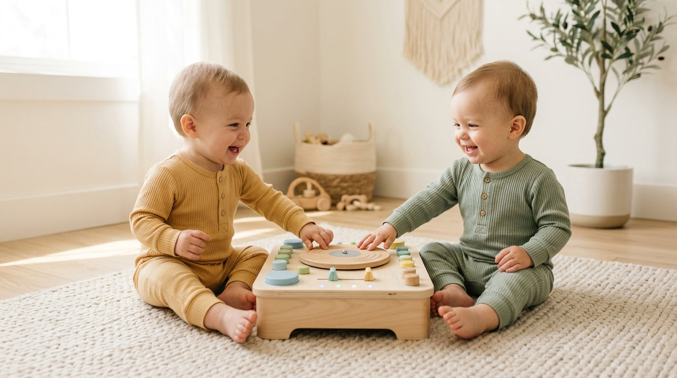 A brightly coloured plastic infant mixing deck in the middle of a messy London living room.
