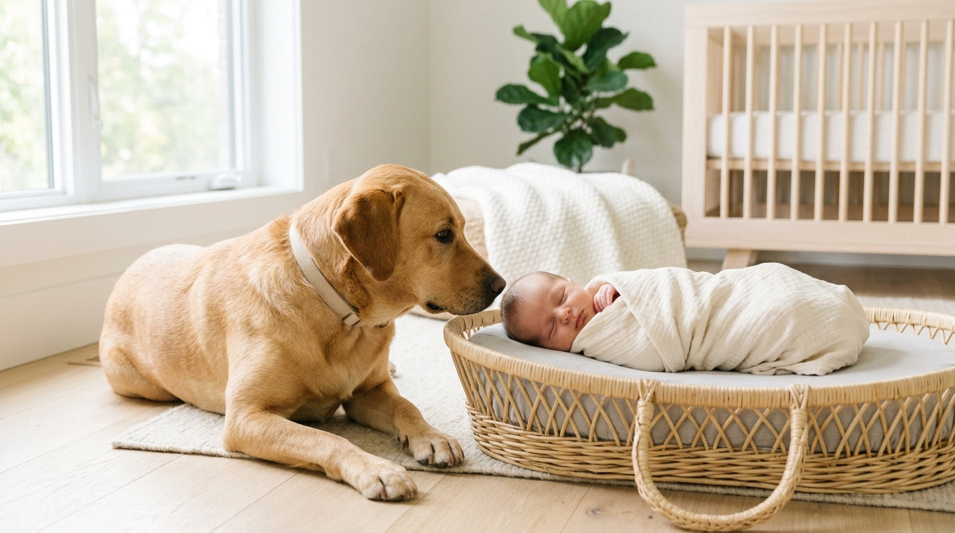 A tired mom sitting on the living room floor keeping a large dog away from a newborn