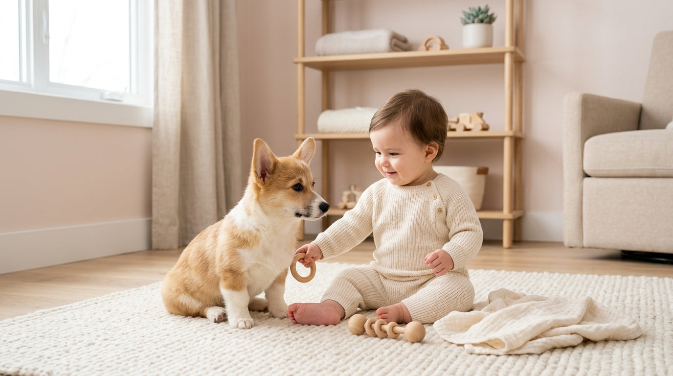 Confused mom looking at crypto charts instead of actual baby and dog safety tips.